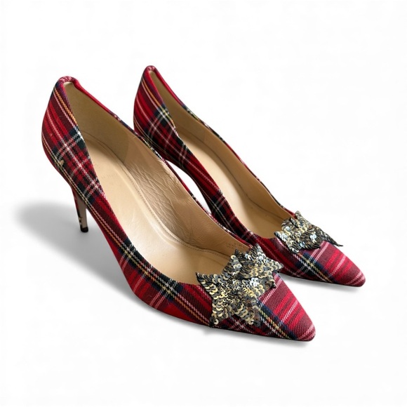 J Crew Star Sequenced Red Tartan Holiday Heels|J Crew Tartan Holiday Heel - Picture 1 of 15